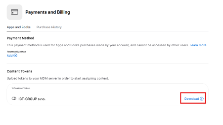 Apple Business Manager — Payments and Billing → Content Tokens → Download