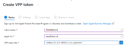 Intune — Create VPP token → Basics (Token Name, Apple ID, VPP token file)