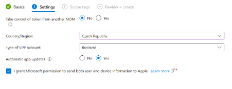 Intune — Create VPP token → Settings (Country/Region, Type, Automatic app updates)
